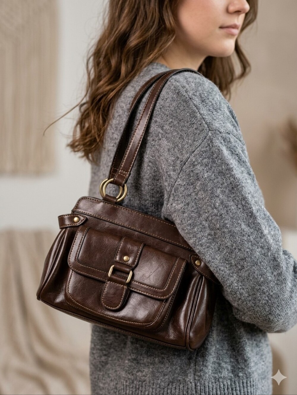 Women's Dark Brown Leather Shoulder Bag with Front Pocket